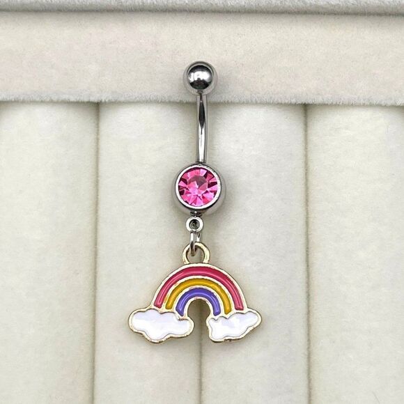 316L Stainless Steel with Pink Sapphire CZ and Rainbow Charm Dangle Belly Ring - Picture 2 of 7